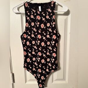 New Zara Black and Pink Floral Bodysuit